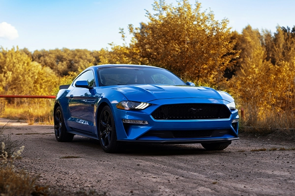 blue ford mustang parked on a dirt road