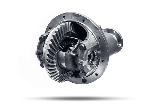 Cutaway of differential on white background showing internal gears